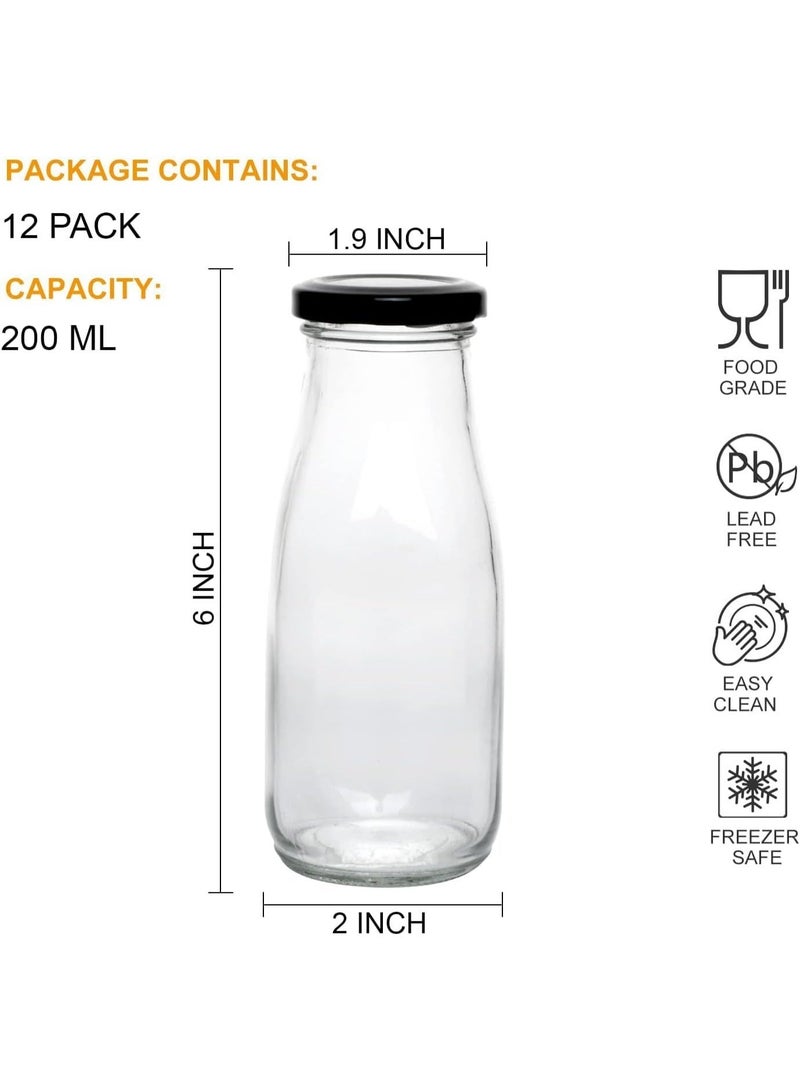 Luxoraq Glass Milk Bottle with Metal Lids, 12- Pcs Reusable Dairy Drinking Containers, 200ml Glass Bottles for Milk, Juice, Yogurt, Smoothies, Honey, Tomato Sauce, Jam, Syrup - Image 3